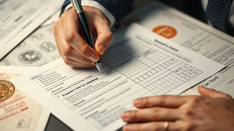 Photorealistic, professional photography, 8K, cinematic lighting, sharp focus, depth of field, shot on a high-end DSLR. A hand meticulously filling out a complex export license application form, with various stamps and official documents in the background, conveying the intricate and bureaucratic nature of export control compliance. The lighting is focused and professional. Photorealistic, professional photography, 8K, cinematic lighting, sharp focus, depth of field, shot on a high-end DSLR. A hand meticulously filling out a complex export license application form, with various stamps and official documents in the background, conveying the intricate and bureaucratic nature of export control compliance. The lighting is focused and professional.