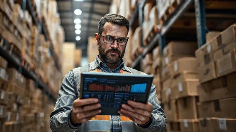 A photorealistic image of a warehouse manager looking stressed but determined, holding a tablet displaying conflicting inventory data, surrounded by stacks of boxes. Cinematic lighting, sharp focus on the manager's face and tablet, depth of field blurring the background, 8K, shot on a high-end DSLR.