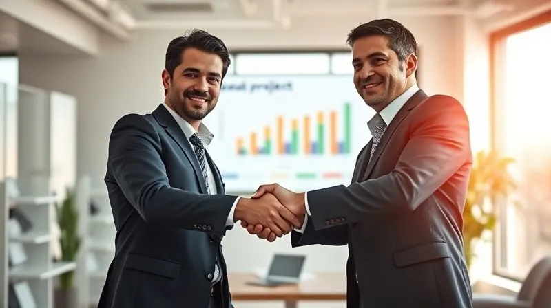 A photorealistic image of two business partners shaking hands firmly in a modern, sunlit office, with a successful project chart visible on a screen in the background. Their expressions are confident and relieved, symbolizing a resolved partnership or a successful new beginning. Cinematic lighting, sharp focus on the handshake, depth of field blurring the background. 8K hyper-detailed, professional photography. A photorealistic image of two business partners shaking hands firmly in a modern, sunlit office, with a successful project chart visible on a screen in the background. Their expressions are confident and relieved, symbolizing a resolved partnership or a successful new beginning. Cinematic lighting, sharp focus on the handshake, depth of field blurring the background. 8K hyper-detailed, professional photography.