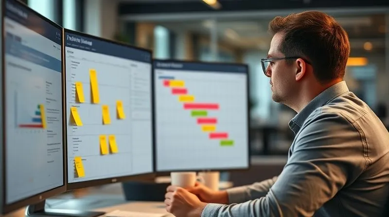 A photorealistic image of a project manager intently reviewing a Gantt chart on a large monitor, surrounded by sticky notes and coffee cups, cinematic lighting highlighting their focused expression, sharp focus on the Gantt chart, depth of field blurring the background of a modern office, 8K hyper-detailed, professional photography. A photorealistic image of a project manager intently reviewing a Gantt chart on a large monitor, surrounded by sticky notes and coffee cups, cinematic lighting highlighting their focused expression, sharp focus on the Gantt chart, depth of field blurring the background of a modern office, 8K hyper-detailed, professional photography.