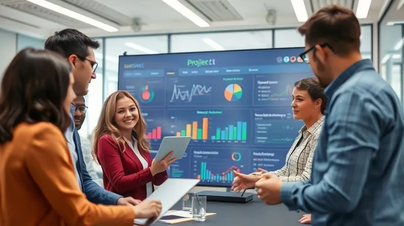 A photorealistic image of a diverse project team collaborating around a large digital dashboard displaying project progress and risk indicators, all looking engaged and proactive, cinematic lighting, sharp focus on the team, depth of field blurring the background of a modern, bright office, 8K hyper-detailed, professional photography. A photorealistic image of a diverse project team collaborating around a large digital dashboard displaying project progress and risk indicators, all looking engaged and proactive, cinematic lighting, sharp focus on the team, depth of field blurring the background of a modern, bright office, 8K hyper-detailed, professional photography.