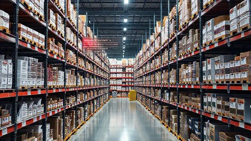 A photorealistic e-commerce warehouse with shelves of products, a digital overlay showing inventory levels and red alerts on certain product lines, indicating a supply chain disruption. Professional photography, 8K, cinematic lighting, sharp focus, depth of field, shot on a high-end DSLR. A photorealistic e-commerce warehouse with shelves of products, a digital overlay showing inventory levels and red alerts on certain product lines, indicating a supply chain disruption. Professional photography, 8K, cinematic lighting, sharp focus, depth of field, shot on a high-end DSLR.