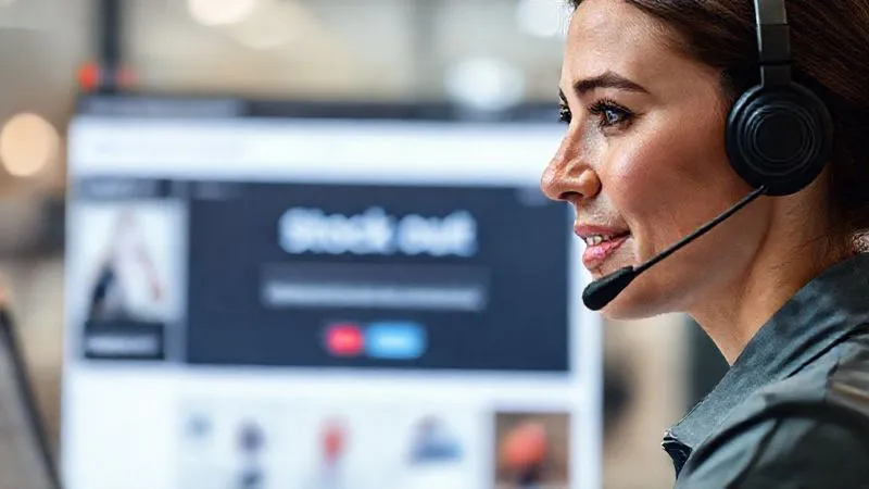 A photorealistic image of a customer service representative wearing a headset, looking empathetic and professional, with a blurred e-commerce website interface in the background showing a 'stockout' notification. Professional photography, 8K, cinematic lighting, sharp focus, depth of field, shot on a high-end DSLR. A photorealistic image of a customer service representative wearing a headset, looking empathetic and professional, with a blurred e-commerce website interface in the background showing a 'stockout' notification. Professional photography, 8K, cinematic lighting, sharp focus, depth of field, shot on a high-end DSLR.