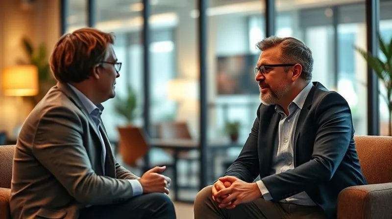 photorealistic, professional photography, 8K, cinematic lighting, sharp focus, depth of field, shot on a high-end DSLR. A manager and a key employee engaged in a 'stay interview' in a modern, comfortable office setting. Their body language is open and attentive, conveying trust and active listening. Soft, warm cinematic lighting, sharp focus on their interaction, with a blurred background suggesting a private, confidential conversation.