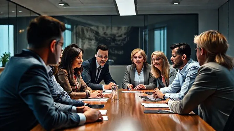 A diverse team of professionals gathered around a conference table, looking concerned but engaged, as a senior HR executive addresses them with a calm, reassuring demeanor. The room is well-lit, showing collaboration and empathy. photorealistic, professional photography, 8K, cinematic lighting, sharp focus, depth of field, shot on a high-end DSLR.