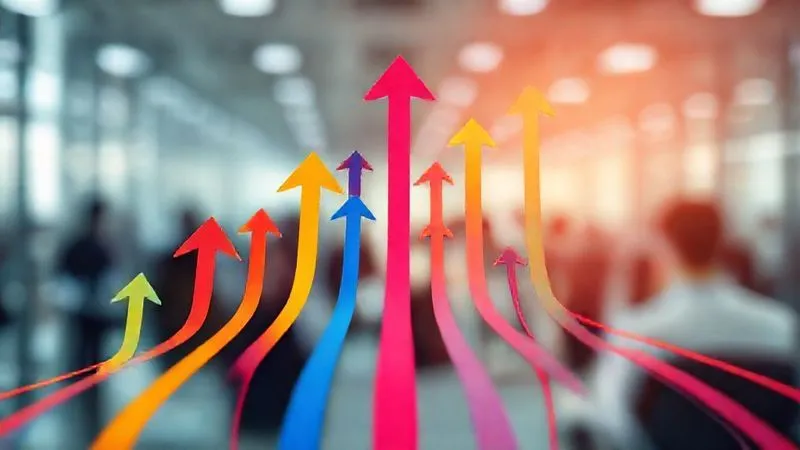 A photorealistic image of a vibrant, interconnected network of upward-pointing arrows, symbolizing career progression and leadership development pathways. Each arrow represents a different talent stream, converging towards a clear leadership role at the top. The background is a blurred, dynamic corporate environment. professional photography, 8K, cinematic lighting, sharp focus, depth of field, shot on a high-end DSLR.