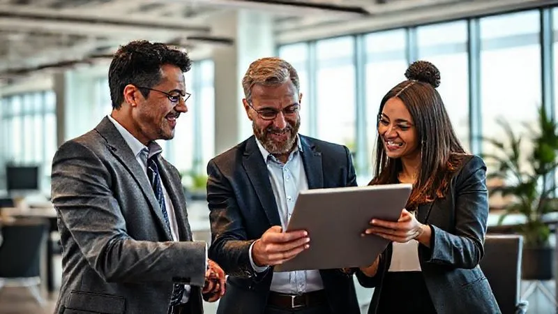 A photorealistic image of a diverse senior executive mentoring a younger, enthusiastic professional in a modern, sunlit office. They are looking at a tablet together, sharing insights. The atmosphere is supportive and educational. professional photography, 8K, cinematic lighting, sharp focus, depth of field, shot on a high-end DSLR.
