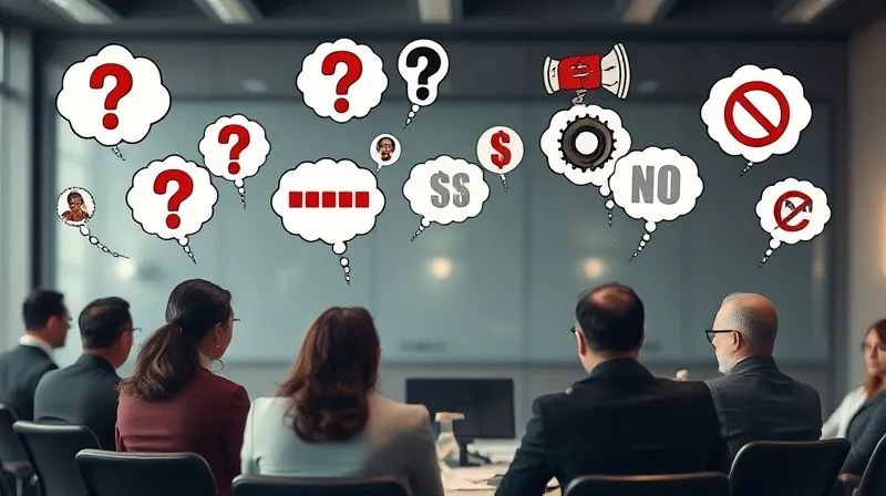 Photorealistic image of various thought bubbles above diverse business people in a meeting, some with question marks, some with dollar signs, some with gears, and some with a 'no' symbol, symbolizing different concerns and objections to a new initiative. Cinematic lighting, sharp focus on the people and thought bubbles, depth of field blurring the background, 8K hyper-detailed, shot on a high-end DSLR.