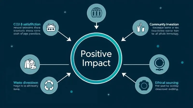 Infographic-style image showing interconnected metrics of CSR impact, featuring icons for CO2 reduction, employee satisfaction, community investment, waste diversion, and ethical sourcing, all linked by arrows flowing towards a central 'Positive Impact' circle. Clean, professional design with clear data visualization. Cinematic lighting, sharp focus, depth of field, 8K hyper-detailed, shot on a high-end DSLR.