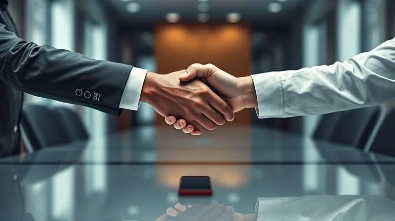Photorealistic image of two diverse business individuals shaking hands across a polished conference table, with a subtle, translucent barrier or a line drawn on the table between them, symbolizing overcoming differences or finding common ground despite initial obstacles. Cinematic lighting, sharp focus on the handshake, depth of field blurring the background, 8K hyper-detailed, shot on a high-end DSLR.