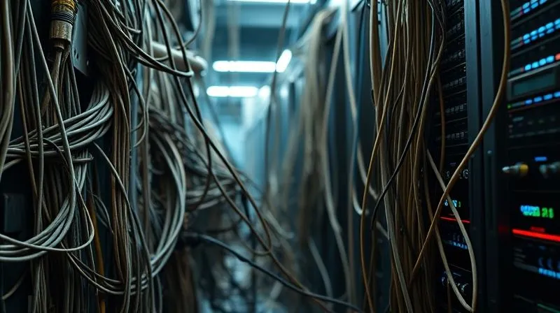 photorealistic, professional photography, 8K, cinematic lighting, sharp focus, depth of field, shot on a high-end DSLR. A tangled mess of old, visibly decaying cables and dusty server racks from a bygone era, dramatically juxtaposed against a sleek, modern, glowing data interface with clean, vibrant digital lines. The contrast symbolizes the challenge of integrating new technology with outdated infrastructure, evoking a sense of stagnation versus progress.