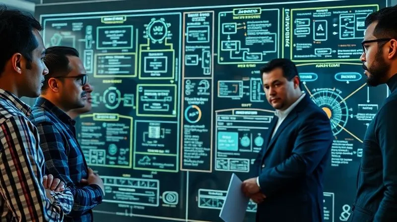 photorealistic, professional photography, 8K, cinematic lighting, sharp focus, depth of field, shot on a high-end DSLR. A diverse team of professionals (IT architects, operations managers, finance analysts) intensely gathered around a large, transparent digital whiteboard. The board displays complex, interconnected system architecture diagrams, data flowcharts, and strategic roadmaps, with glowing lines indicating dependencies. Their expressions are focused and collaborative, symbolizing strategic planning and problem-solving.
