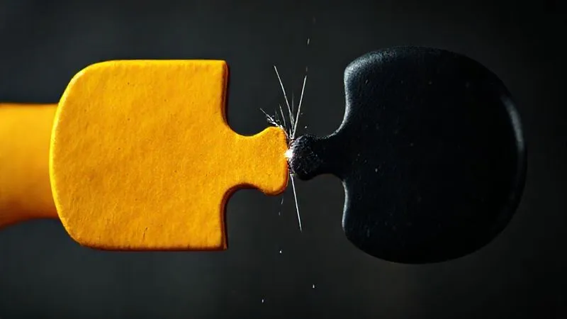 photorealistic, professional photography, 8K, cinematic lighting, sharp focus, depth of field, shot on a high-end DSLR, two puzzle pieces, one bright and angular, the other dark and rounded, attempting to fit together but leaving large, visible gaps and friction points, symbolizing cultural mismatch and tension in a corporate environment. A subtle visual of sparks or dust emanating from the friction point of contact.