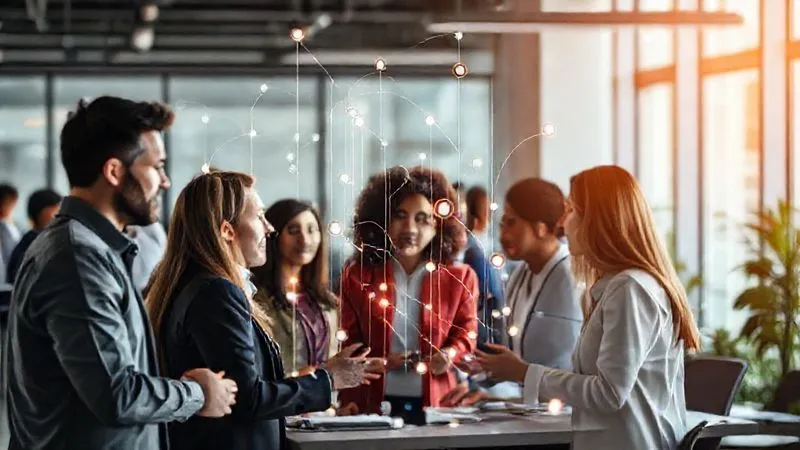 photorealistic, professional photography, 8K, cinematic lighting, sharp focus, depth of field, shot on a high-end DSLR, a dynamic visual of information flowing seamlessly between two distinct groups of diverse professionals in a modern, collaborative office space. Arrows of light representing communication connect individuals, with some people actively listening and others speaking, conveying open dialogue and transparency. The background is slightly blurred, focusing on the human interaction.
