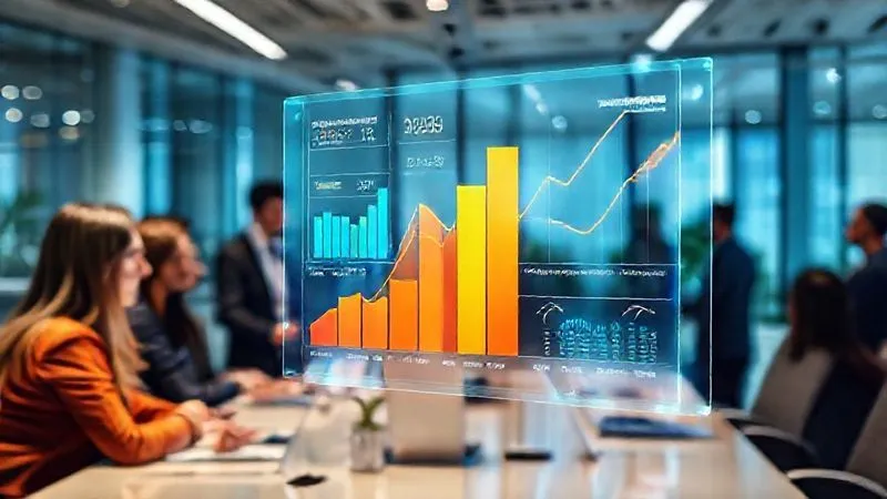photorealistic, professional photography, 8K, cinematic lighting, sharp focus, depth of field, shot on a high-end DSLR, a dynamic and colorful infographic displayed on a transparent holographic screen in a modern office, showing various interlocking metrics and KPIs related to cultural integration: employee engagement scores, cross-functional collaboration rates, and retention figures, all trending upwards. A diverse group of business professionals are observing and discussing the data in the background, conveying data-driven decision-making.
