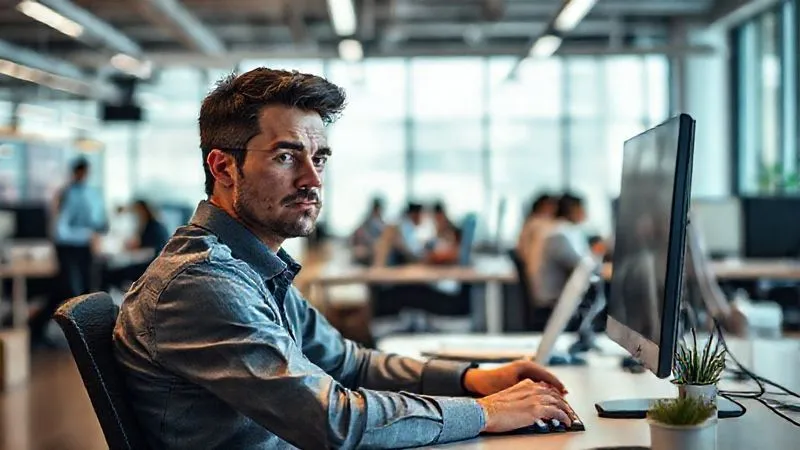 photorealistic, professional photography, 8K, cinematic lighting, sharp focus, depth of field, shot on a high-end DSLR. A new employee sitting alone at a desk in a bustling open-plan office, looking at an empty computer screen with a slightly dejected expression, while colleagues in the background are animatedly collaborating, creating a sense of isolation and neglect. photorealistic, professional photography, 8K, cinematic lighting, sharp focus, depth of field, shot on a high-end DSLR. A new employee sitting alone at a desk in a bustling open-plan office, looking at an empty computer screen with a slightly dejected expression, while colleagues in the background are animatedly collaborating, creating a sense of isolation and neglect.