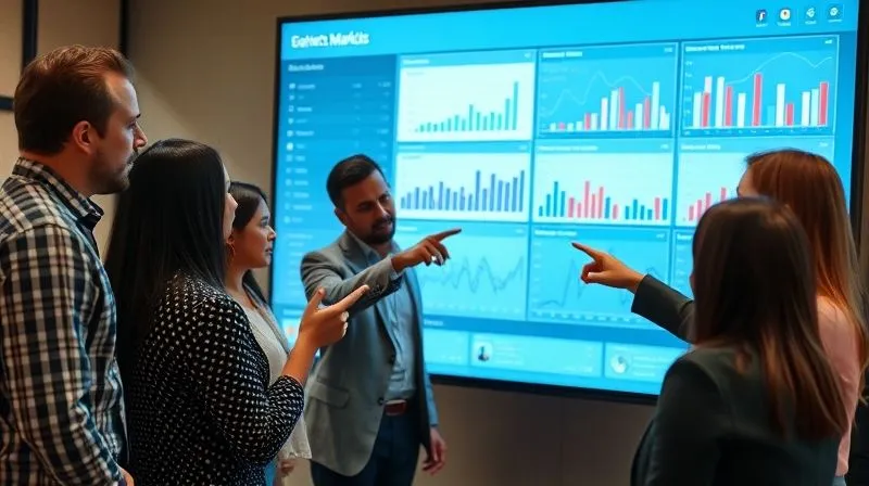 A photorealistic image of a diverse business team collaborating around a large interactive screen displaying integrated market analysis and sales forecast dashboards. They are pointing and discussing, showing active engagement. Professional photography, 8K, cinematic lighting, sharp focus on the team and screen, depth of field, shot on a high-end DSLR.