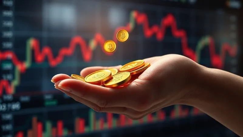 Photorealistic image of a steady stream of golden coins flowing into a protective, cupped hand, while in the background, a stock market chart shows a volatile, downward trend. The coins represent income and stability amidst market turmoil. Professional photography, 8K, cinematic lighting, sharp focus on the coins and hand, depth of field blurring the background. Photorealistic image of a steady stream of golden coins flowing into a protective, cupped hand, while in the background, a stock market chart shows a volatile, downward trend. The coins represent income and stability amidst market turmoil. Professional photography, 8K, cinematic lighting, sharp focus on the coins and hand, depth of field blurring the background.