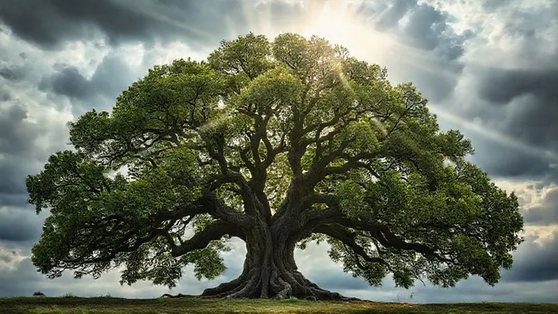 Photorealistic image of a majestic, ancient oak tree with deep roots, standing firm against a stormy sky, but with rays of sunlight breaking through the clouds illuminating new green shoots on its branches. The tree symbolizes long-term growth and resilience. Professional photography, 8K, cinematic lighting, sharp focus on the tree, depth of field blurring the turbulent sky. Photorealistic image of a majestic, ancient oak tree with deep roots, standing firm against a stormy sky, but with rays of sunlight breaking through the clouds illuminating new green shoots on its branches. The tree symbolizes long-term growth and resilience. Professional photography, 8K, cinematic lighting, sharp focus on the tree, depth of field blurring the turbulent sky.