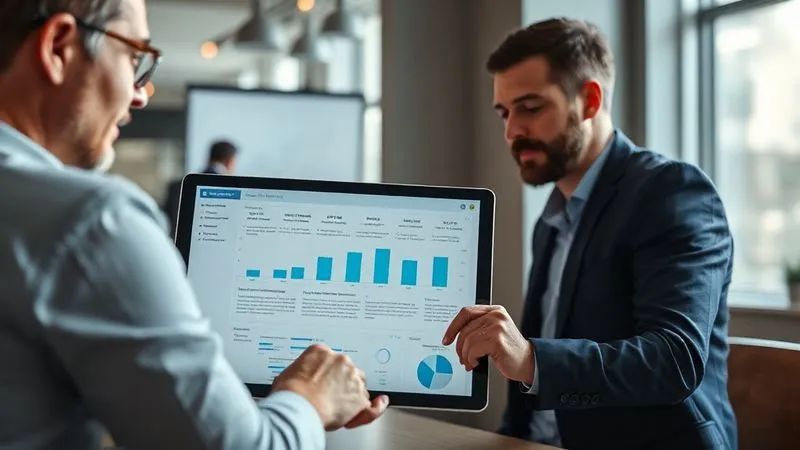 A photorealistic image of a consultant and client reviewing a detailed project timeline and KPI dashboard on a tablet, showing clear milestones and agreed-upon metrics. Cinematic lighting, sharp focus, 8K, shot on a high-end DSLR.