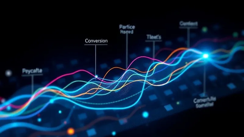 A photorealistic infographic showing a multi-touch attribution model, with different colored lines representing various marketing channels converging towards a conversion point, emphasizing data flow and impact. Professional, 8K, cinematic lighting.