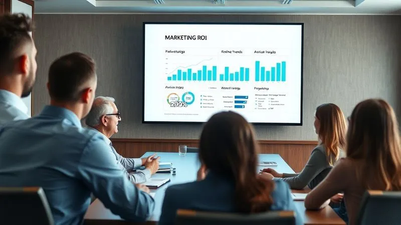 A photorealistic shot of a professional presenting a clear, visually appealing marketing ROI report on a large screen in a boardroom, with engaged clients listening intently. The report shows positive trends and actionable insights. Professional photography, 8K, cinematic lighting, sharp focus.