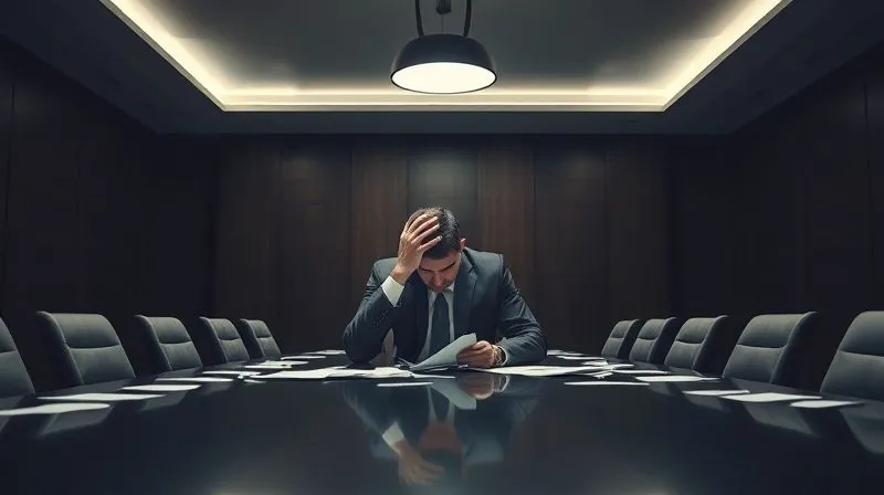 A photorealistic image of a business executive sitting at a large, empty conference table, head in hands, papers scattered, illuminated by a single, harsh overhead light, conveying profound stress and disappointment, 8K, cinematic lighting, sharp focus, depth of field.