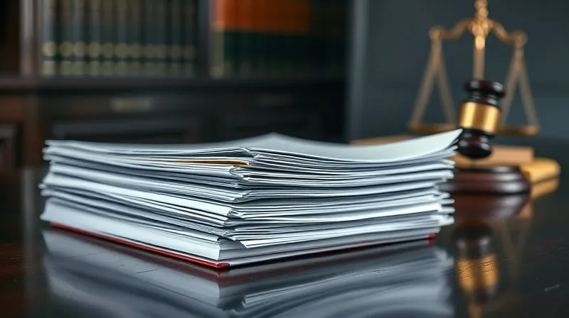 A photorealistic, professional photography, 8K, cinematic lighting, sharp focus, depth of field, shot on a high-end DSLR, depicting a stack of legal briefs and documents on a polished dark wood table, with a blurred gavel and a statute book in the background. The scene exudes gravitas and meticulous preparation for a legal battle.