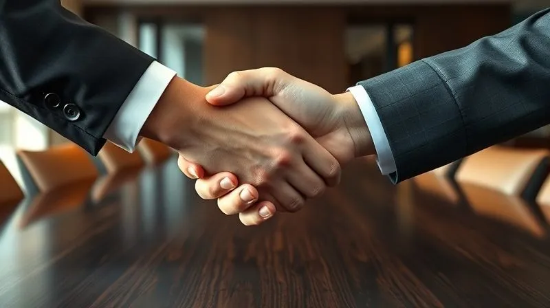 A photorealistic, professional photography, 8K, cinematic lighting, sharp focus, depth of field, shot on a high-end DSLR, depicting two hands clasped in a firm, professional handshake over a polished dark wood conference table. The background is slightly blurred, showing a modern office setting. The lighting is balanced, suggesting a resolution after tension, but with a subtle hint of lingering formality rather than warmth, capturing the essence of a strategic business settlement.