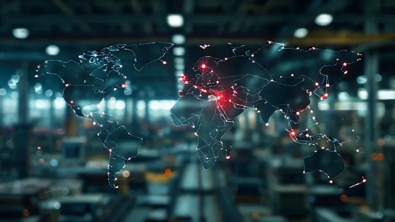 A photorealistic, professional photography image showing a complex, digital flow chart or network diagram representing a global supply chain. Interconnected nodes glow faintly, with several key pathways highlighted in red, indicating stress or vulnerability. The background is a blurred industrial landscape, 8K, cinematic lighting, sharp focus on the diagram, depth of field. Shot on a high-end DSLR. A photorealistic, professional photography image showing a complex, digital flow chart or network diagram representing a global supply chain. Interconnected nodes glow faintly, with several key pathways highlighted in red, indicating stress or vulnerability. The background is a blurred industrial landscape, 8K, cinematic lighting, sharp focus on the diagram, depth of field. Shot on a high-end DSLR.