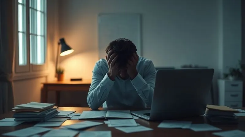 A photorealistic image of a person sitting alone at a desk, head in hands, surrounded by scattered notes and a laptop displaying a half-finished business plan. The room is dimly lit, conveying a sense of overwhelm and uncertainty. Professional photography, 8K, cinematic lighting, sharp focus, depth of field.