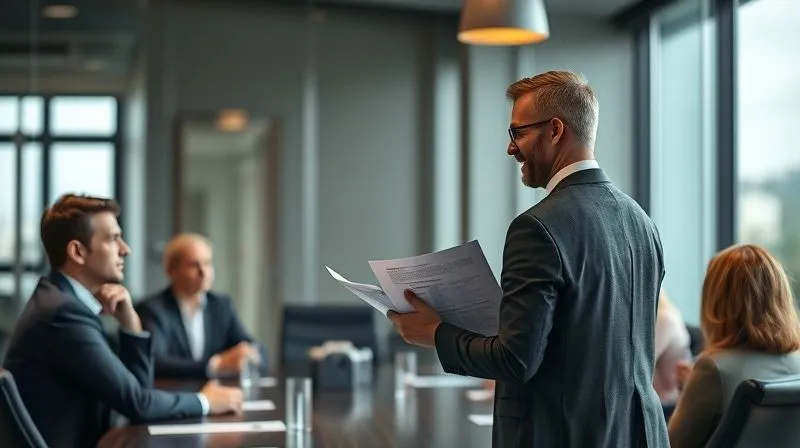 A photorealistic image of a confident entrepreneur presenting a revised business plan to a small, attentive group of investors in a modern boardroom. The entrepreneur has a calm, reassuring demeanor, and the investors appear engaged and optimistic. Professional photography, 8K, cinematic lighting, sharp focus, depth of field.