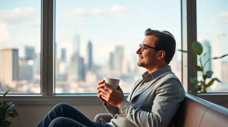 A photorealistic image of an entrepreneur taking a mindful break in a serene, modern office space. They are looking out a large window at a city skyline, holding a cup of coffee, with a calm and reflective expression. The scene emphasizes balance and self-care amidst the startup hustle. Professional photography, 8K, cinematic lighting, sharp focus, depth of field.