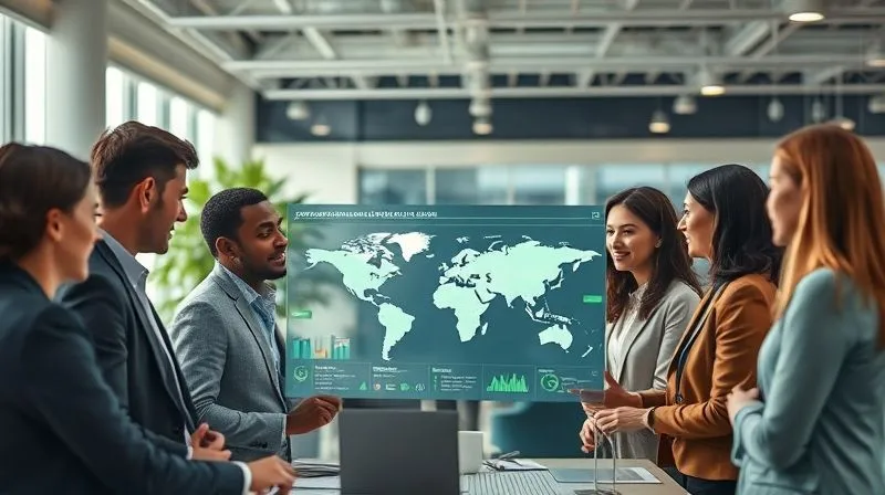 A photorealistic diverse group of business professionals in a modern, eco-friendly office, collaborating around a digital display showing sustainability metrics and supply chain maps, 8K, cinematic lighting, sharp focus, depth of field.