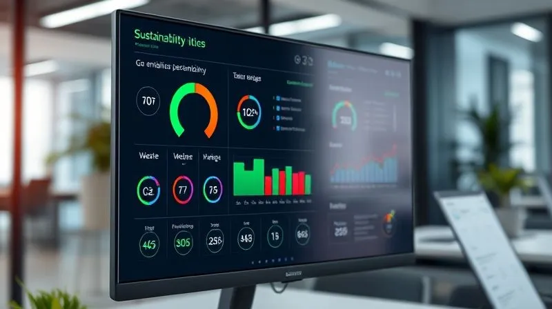 A photorealistic dashboard displaying complex sustainability KPIs (CO2 emissions, waste reduction, water usage) with clear green and red indicators, on a sleek monitor in a modern office, 8K, cinematic lighting, sharp focus, depth of field.
