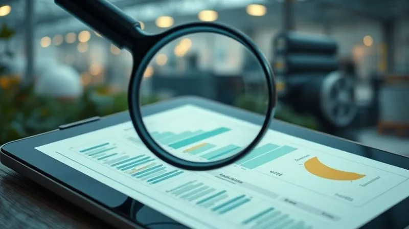 A photorealistic image of a magnifying glass hovering over detailed sustainability report data displayed on a tablet, with a subtle backdrop of thriving nature and a factory with reduced emissions, 8K, cinematic lighting, sharp focus, depth of field.