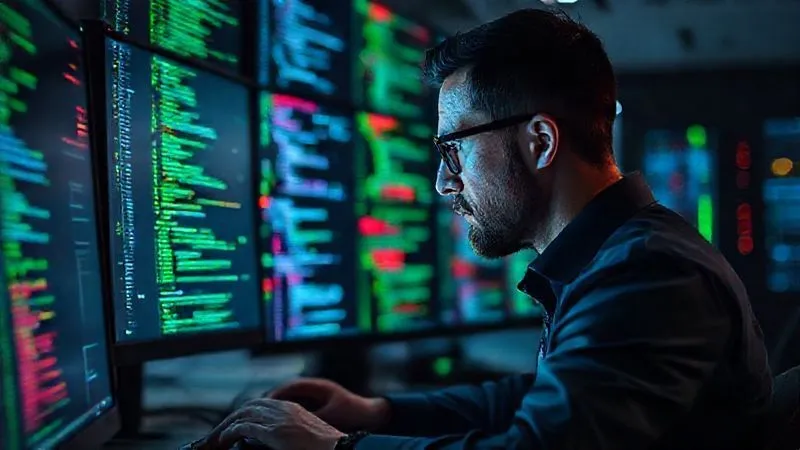 A photorealistic image of a business analyst meticulously checking lines of code and data streams on multiple monitors, with green and red data points highlighted. The scene is a modern, well-lit data center or office, sharp focus on the analyst and screens, depth of field blurring the background, 8K, cinematic lighting, professional photography, shot on a high-end DSLR.