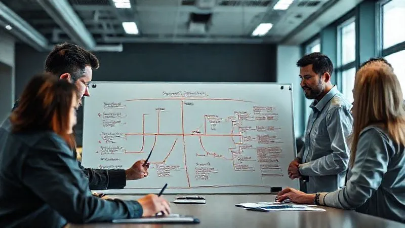 A photorealistic image of a diverse team of operations managers and analysts collaboratively drawing a detailed Fishbone (Ishikawa) diagram on a large whiteboard in a modern war room. Red lines and bold text highlight potential root causes. Cinematic lighting, sharp focus on the whiteboard and the engaged team, depth of field blurring the background, 8K, professional photography, shot on a high-end DSLR.