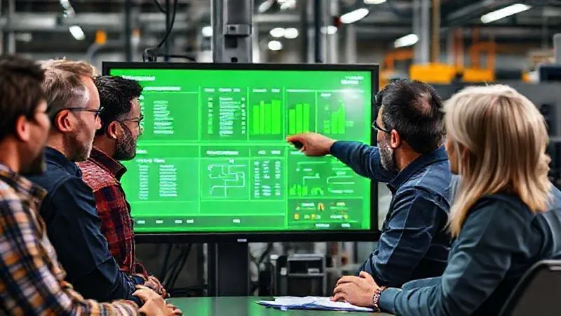 A photorealistic image of a diverse operations team gathered around a large monitor, now displaying green KPIs. They are engaged in a 'lessons learned' discussion, with one team member pointing to a process flow diagram on a second screen. The atmosphere is positive and collaborative, celebrating success while planning for future resilience. Cinematic lighting, sharp focus on the team and screens, depth of field blurring the background, 8K, professional photography, shot on a high-end DSLR.