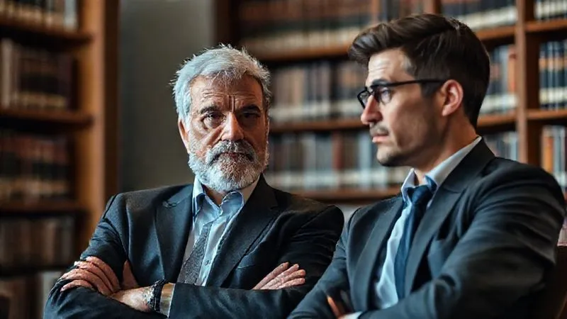 A photorealistic, professional photography, 8K, cinematic lighting, sharp focus, depth of field shot on a high-end DSLR of two legal professionals, one slightly older and one younger, engaged in a serious but private conversation in a quiet corner of a bustling law firm library. Their expressions are thoughtful, conveying a mentor-mentee dynamic discussing a sensitive topic. Bookshelves blur in the background, suggesting knowledge and discretion. A photorealistic, professional photography, 8K, cinematic lighting, sharp focus, depth of field shot on a high-end DSLR of two legal professionals, one slightly older and one younger, engaged in a serious but private conversation in a quiet corner of a bustling law firm library. Their expressions are thoughtful, conveying a mentor-mentee dynamic discussing a sensitive topic. Bookshelves blur in the background, suggesting knowledge and discretion.