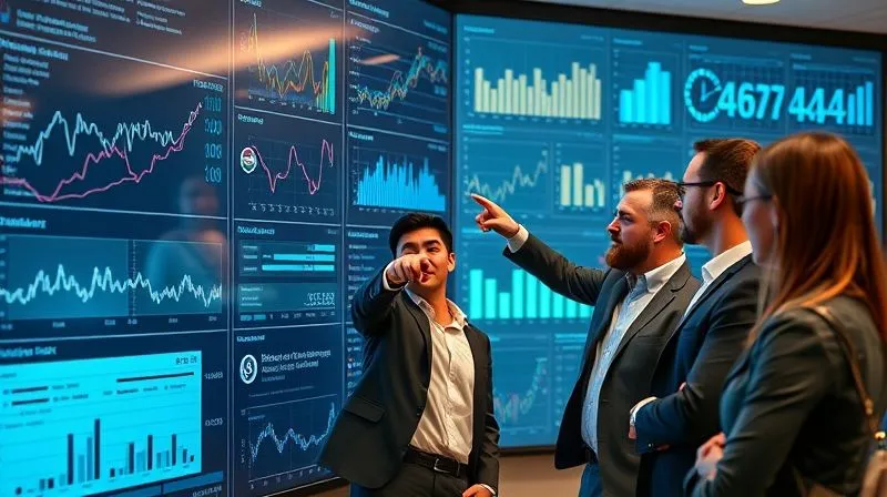 A photorealistic image of a business team collaboratively analyzing a large interactive dashboard with various graphs and charts, some showing conflicting trends. The team members are pointing and discussing, with focused expressions. Professional photography, 8K, cinematic lighting, sharp focus on the dashboard, depth of field, shot on a high-end DSLR.