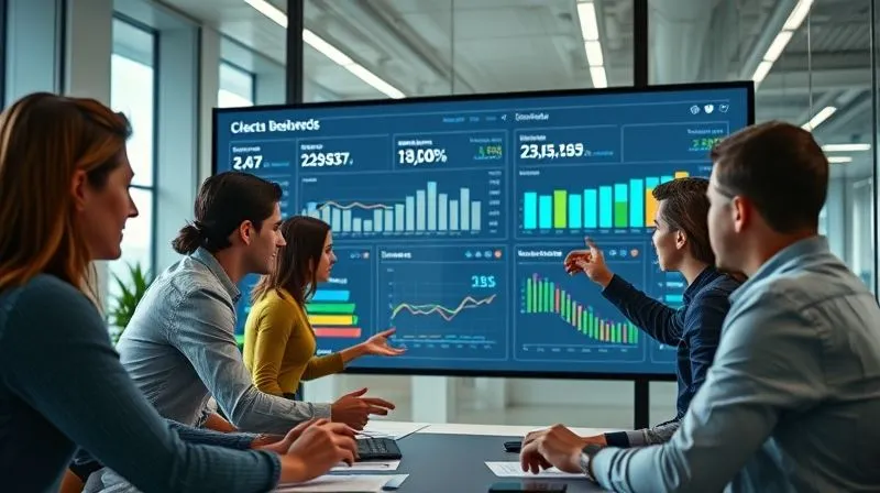 A photorealistic image of a team in a modern office collaborating around a large touchscreen, actively adjusting a digital dashboard. The screen shows a clear, aligned set of KPIs and goals. Professional photography, 8K, cinematic lighting, sharp focus on the screen and engaged team, depth of field, shot on a high-end DSLR.