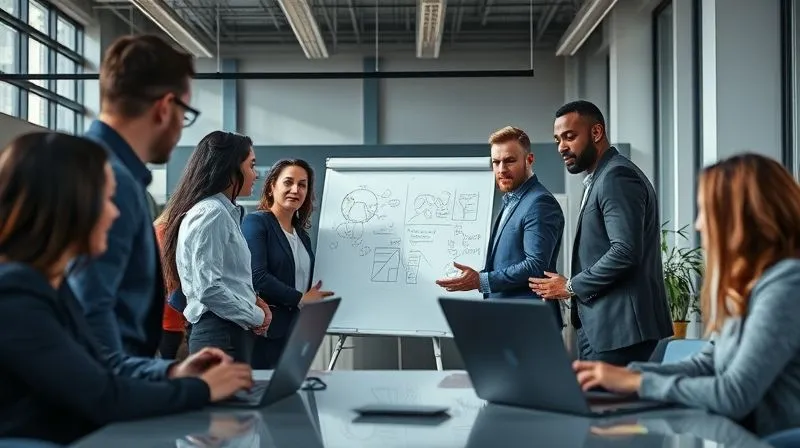 A photorealistic image of diverse business professionals engaged in an open-plan office, some discussing around a whiteboard with diagrams, others working on laptops. The atmosphere is collaborative and innovative, with natural light streaming in. Professional photography, 8K, cinematic lighting, sharp focus on the group interaction, depth of field, shot on a high-end DSLR.