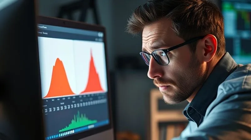 A photorealistic image of a data scientist intently looking at two side-by-side histograms on a computer screen, one showing a 'normal' data distribution and the other showing a 'shifted' distribution, with a worried expression. Professional photography, 8K, cinematic lighting, sharp focus on the screen, depth of field blurring the background, shot on a high-end DSLR. A photorealistic image of a data scientist intently looking at two side-by-side histograms on a computer screen, one showing a 'normal' data distribution and the other showing a 'shifted' distribution, with a worried expression. Professional photography, 8K, cinematic lighting, sharp focus on the screen, depth of field blurring the background, shot on a high-end DSLR.