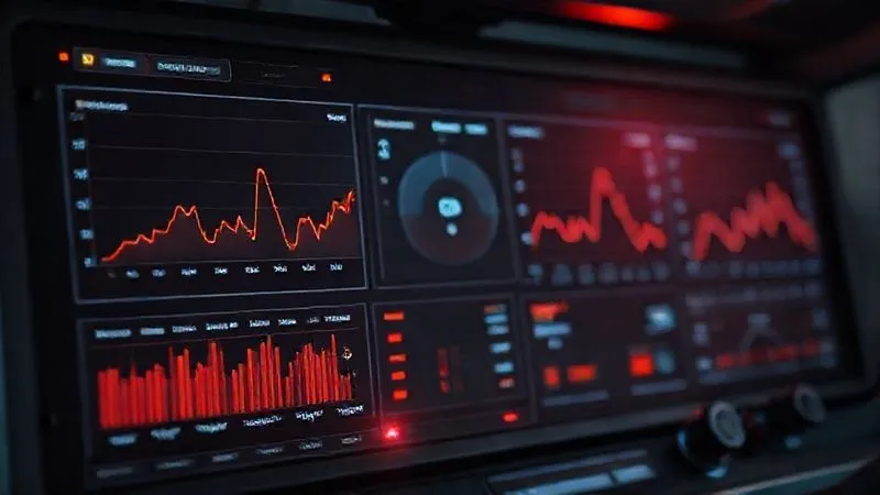Photorealistic dashboard with multiple real-time graphs showing sudden drops in performance metrics, red alerts flashing, professional photography, 8K, cinematic lighting, sharp focus, depth of field, shot on a high-end DSLR. Photorealistic dashboard with multiple real-time graphs showing sudden drops in performance metrics, red alerts flashing, professional photography, 8K, cinematic lighting, sharp focus, depth of field, shot on a high-end DSLR.