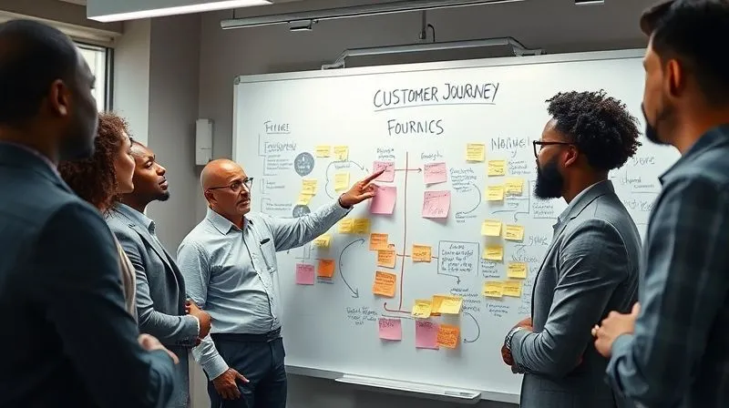 photorealistic, professional photography, 8K, cinematic lighting, sharp focus, depth of field, shot on a high-end DSLR, a diverse group of business professionals in a modern, collaborative workspace, intensely mapping out customer journeys on a large whiteboard filled with sticky notes and flowcharts. One person points to a specific 'friction point' with a thoughtful expression. The scene should convey deep problem-solving and strategic thinking.