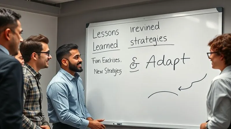 photorealistic, professional photography, 8K, cinematic lighting, sharp focus, depth of field, shot on a high-end DSLR, a diverse group of innovative professionals gathered around a large whiteboard, where 'lessons learned' are prominently written alongside 'new strategies'. There's a sense of optimism and resilience, with one person smiling as they write 'Iterate & Adapt'. The lighting is bright and encouraging, suggesting a positive learning environment.