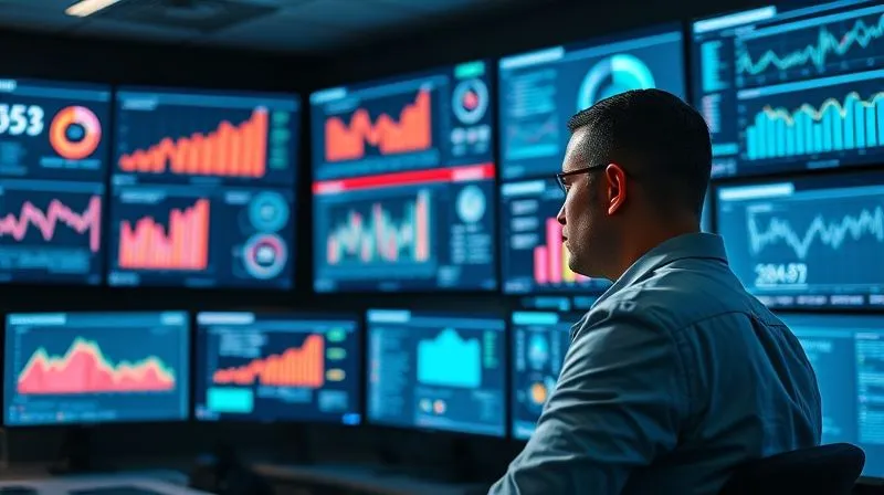 photorealistic, professional photography, 8K, cinematic lighting, sharp focus, depth of field, shot on a high-end DSLR, a sophisticated data analytics dashboard displayed on multiple large monitors in a modern control room. The screens show various charts, graphs, and real-time metrics related to product performance and customer feedback. A professional, focused individual is interacting with the dashboard, indicating deep analysis and data-driven decision-making. The room should convey a high-tech, strategic environment.