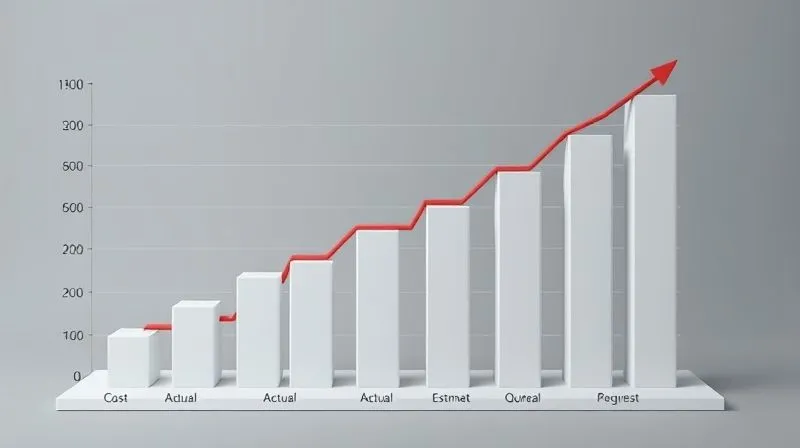 A photorealistic 3D bar chart showing a stark comparison between estimated project costs and actual project costs over several quarters, with actual costs consistently higher than estimates. The chart is clean, professional, and uses contrasting colors (e.g., green for estimate, red for actual). Cinematic lighting, sharp focus, 8K hyper-detailed.