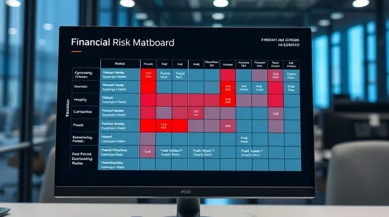 A photorealistic image of a financial risk matrix dashboard, displaying different categories of risks (e.g., operational, market, technical) plotted against their likelihood and impact, with some cells highlighted in red for high-priority budget risks. The dashboard is modern, clean, and professional, shown on a computer screen in an office setting. Cinematic lighting, sharp focus, 8K hyper-detailed.